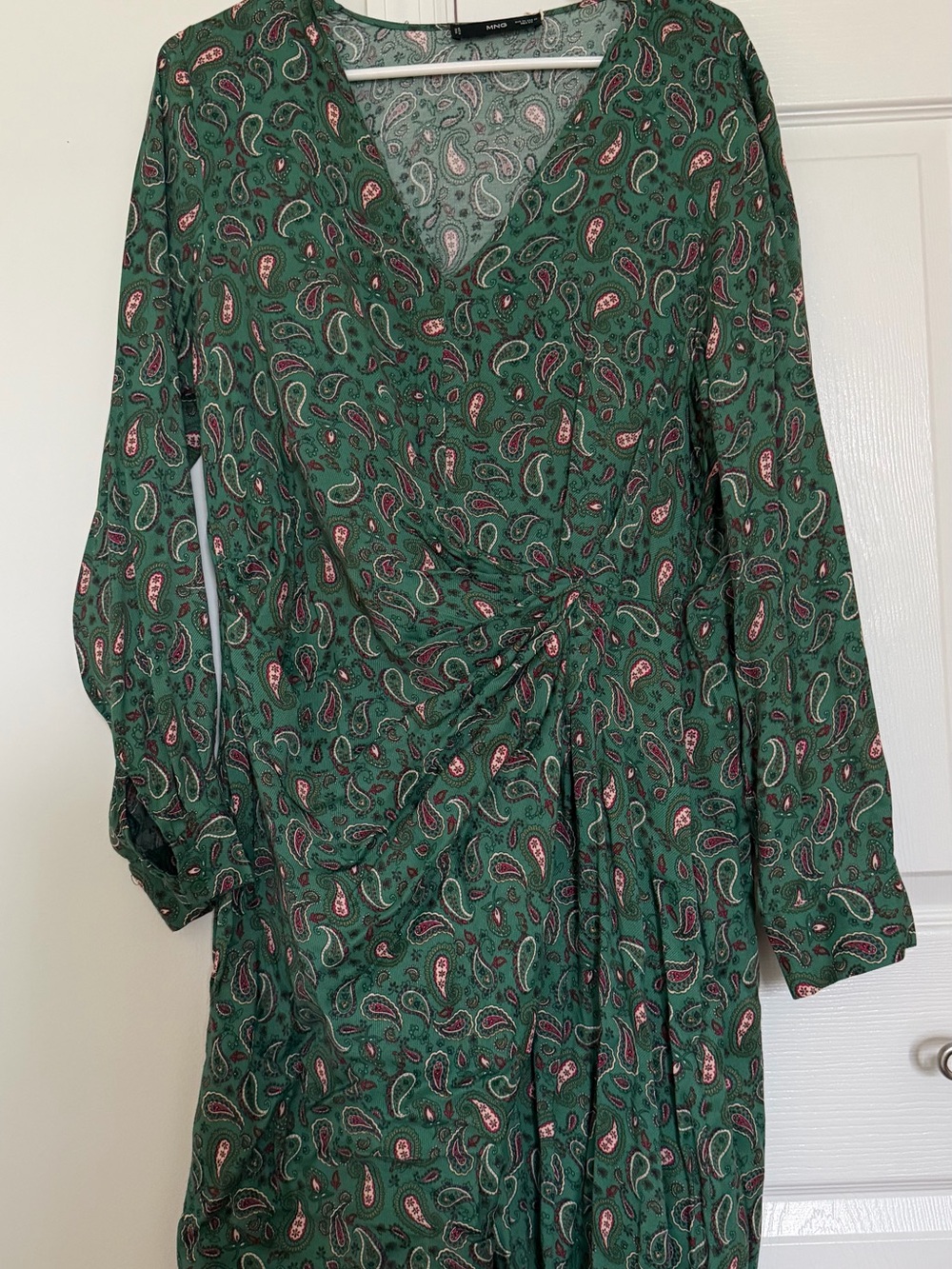 Mango Green Paisley Wrap-Style Mini Dress with Pink Accents